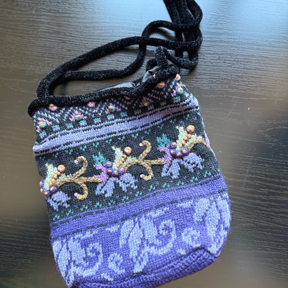 Vintage Icelandic Designs Wool Knit Crossbody Bag Purple Nordic Folk Embroidery - Picture 2 of 10